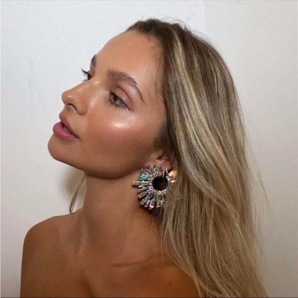 Green Rhinestone Statement Earrings - Picture 3 of 7